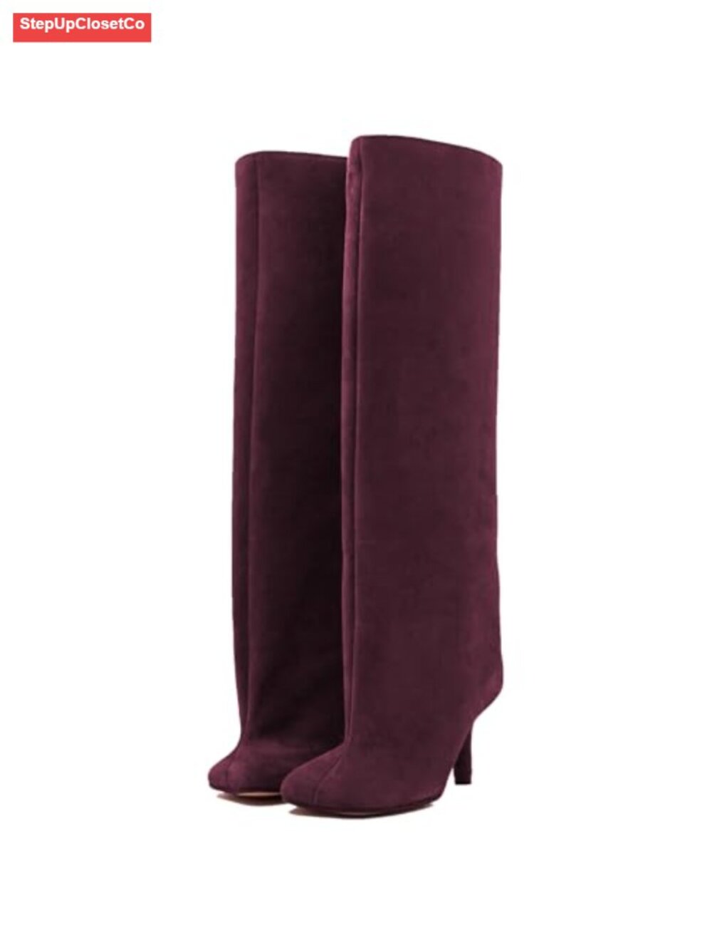 Knee High Boots Square Toe Stiletto Heel Suede Wide Calf Pull On
